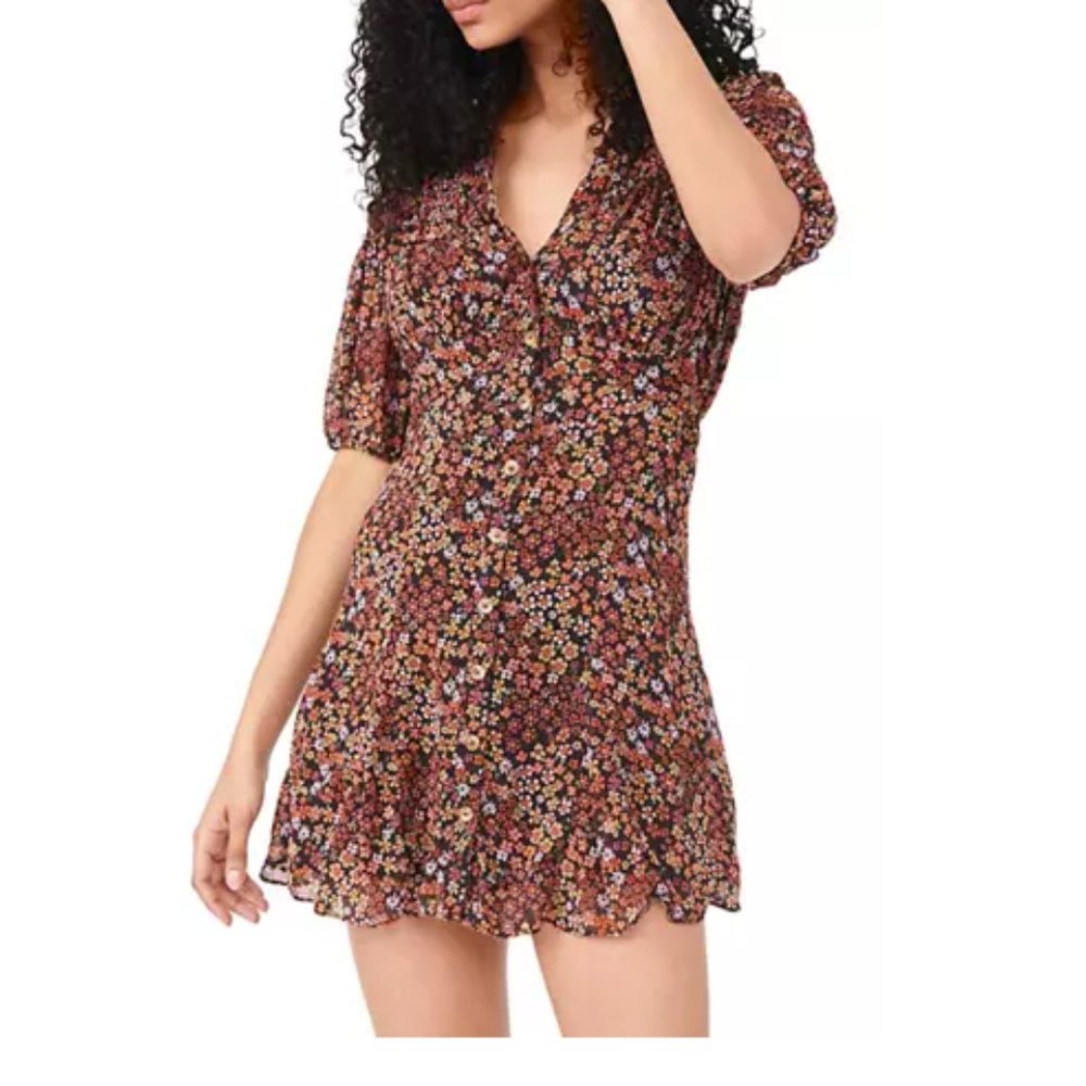 NWT Free People Bonnie Dusk Combo Floral Mini Dress Collared Puff Sleeve